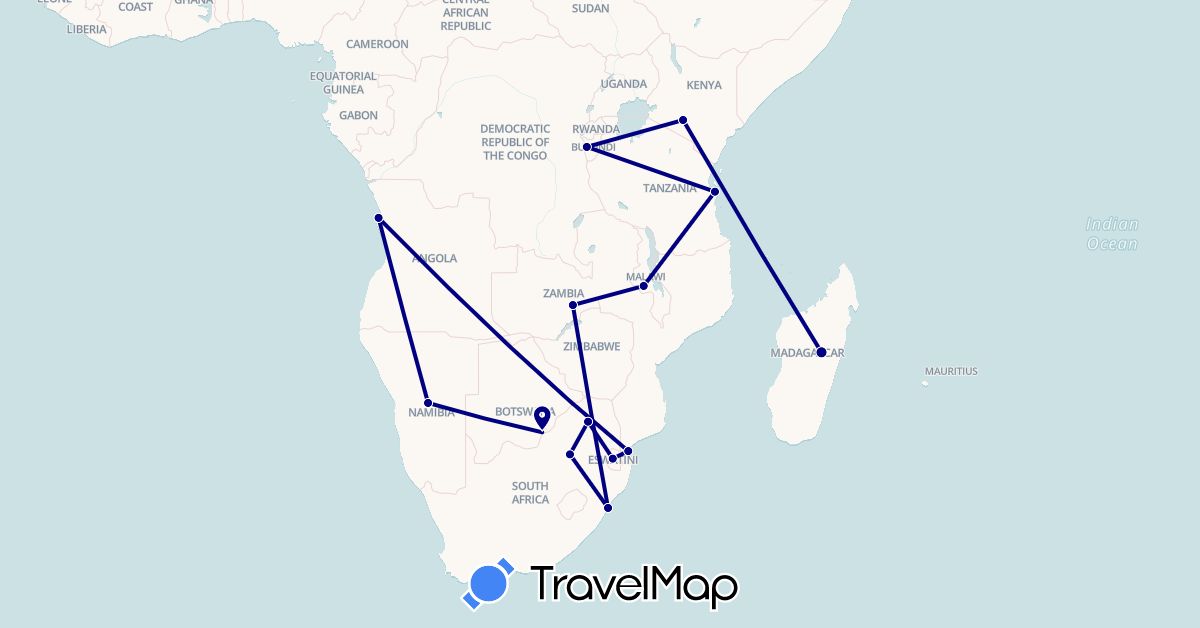 TravelMap itinerary: driving in Angola, Burundi, Botswana, Kenya, Madagascar, Malawi, Mozambique, Namibia, Swaziland, Tanzania, South Africa, Zambia (Africa)