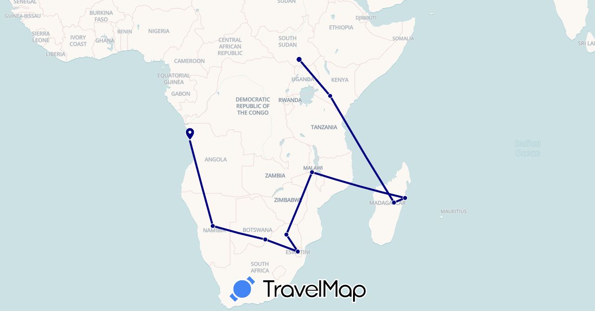TravelMap itinerary: driving in Angola, Botswana, Kenya, Madagascar, Malawi, Namibia, South Sudan, Swaziland, South Africa (Africa)