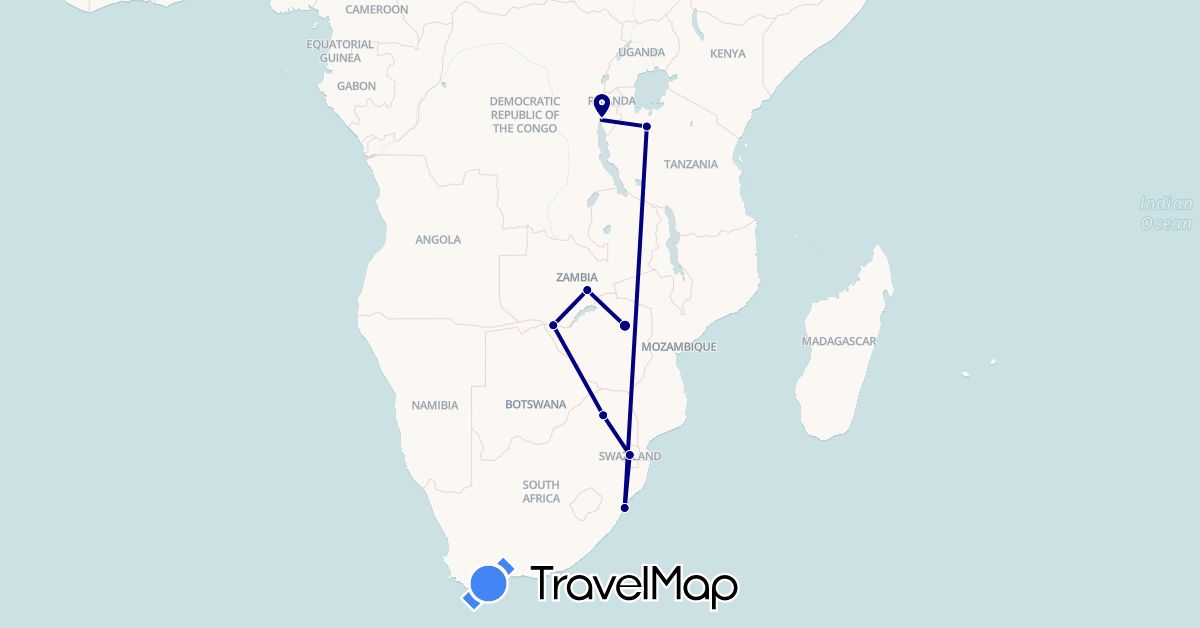 TravelMap itinerary: driving in Burundi, Swaziland, Tanzania, South Africa, Zambia, Zimbabwe (Africa)