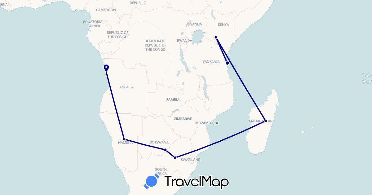 TravelMap itinerary: driving in Angola, Botswana, Kenya, Madagascar, Namibia, Tanzania, South Africa (Africa)